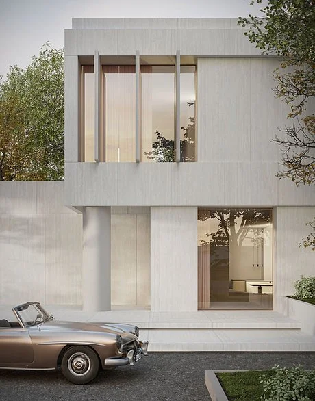 Modern exterior facade in Travertino Bianco porcelain, matte light stone-look cladding