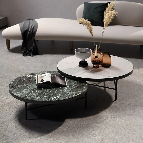Verde France porcelain coffee table top, green marble-look surface with subtle white veining and polished depth