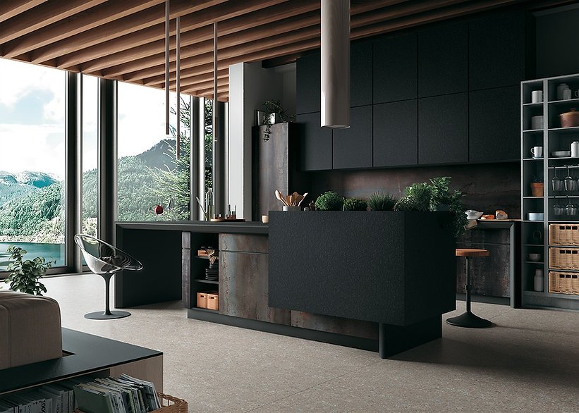 Kitchen island in Metal Dark porcelain, matte oxidised metal-look finish