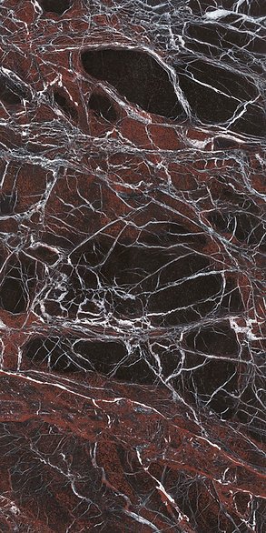 Infinity Porcelain Rosso Domus slab, polished finish, deep red marble-look surface with white and copper veining