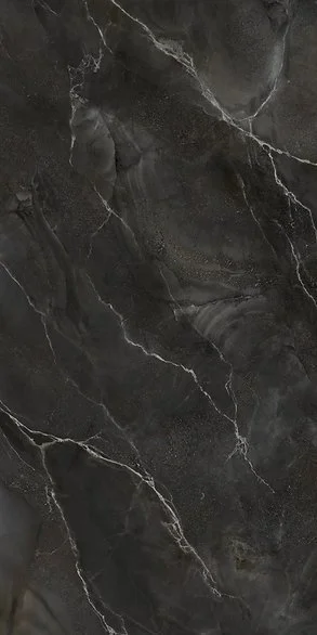 Infinity Porcelain Andromeda slab, polished finish, black onyx-look surface with pale veining