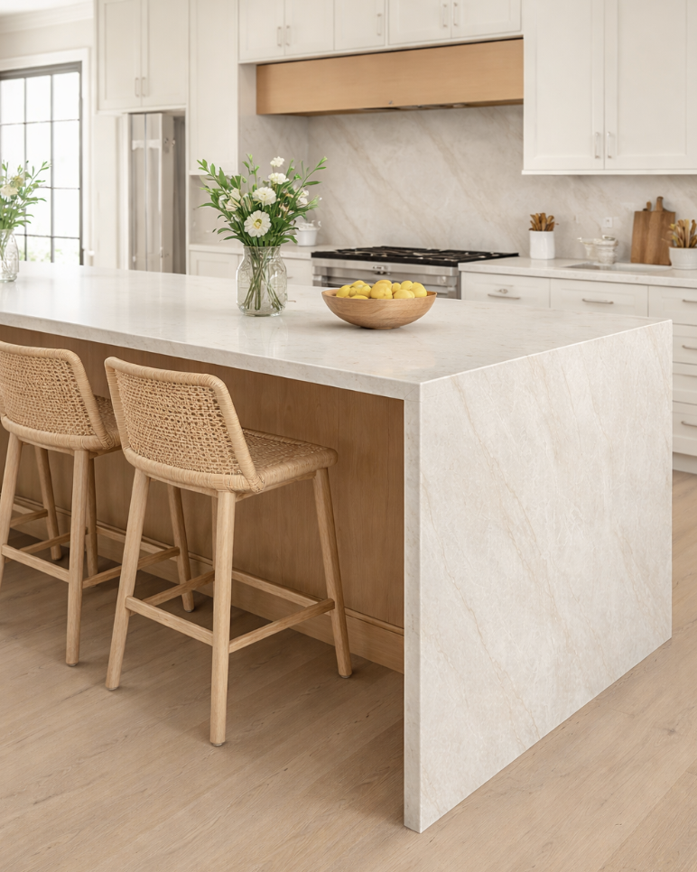 SG Signature Porcelain Taj Mahal porcelain waterfall island benchtop and splashback in modern kitchen, satin finish