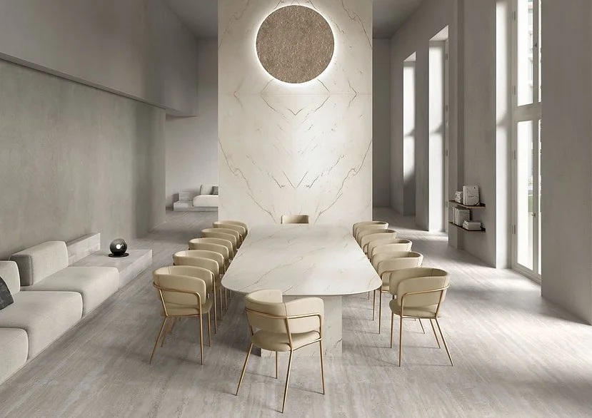 Dining room with Calacatta Brasile porcelain feature wall and table, satin marble-look finish