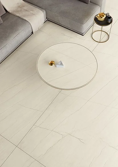 White Macaubas porcelain floor detail, satin ivory quartzite-look surface with linear veining