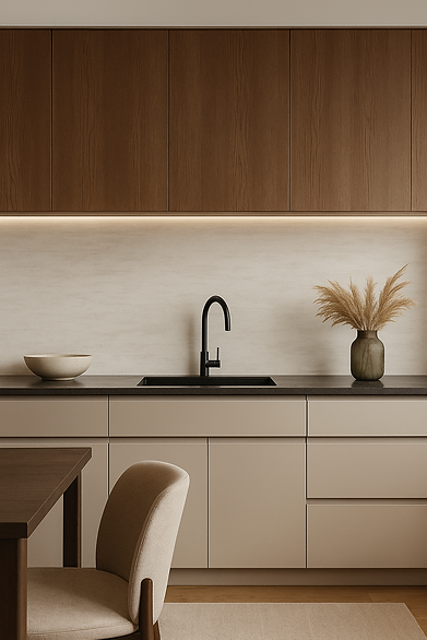 Kitchen splashback in SG Designer Panels Venetian Beige, calm beige stone-look finish paired with timber cabinetry for a restrained, modern interior