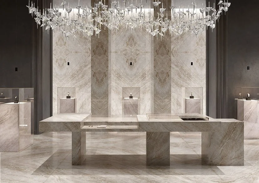 Bathroom vanity in Taj Mahal porcelain, satin champagne marble-look surface with golden veining