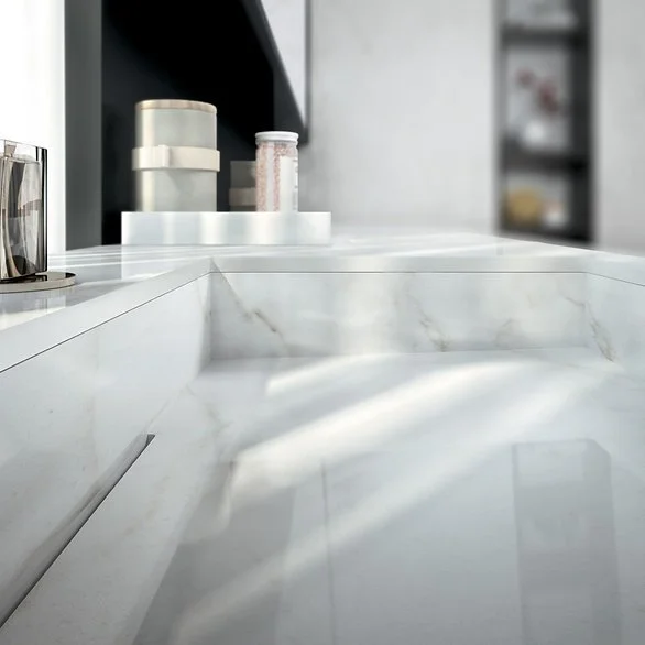 Calacatta Lincoln porcelain benchtop detail, white marble-look surface with subtle warm veining