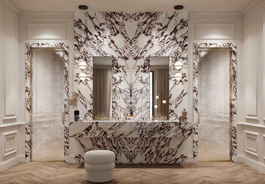 Luxury bathroom interior featuring Calacatta Viola porcelain wall cladding and vanity, marble-look surface with dramatic veining for a high-impact statement