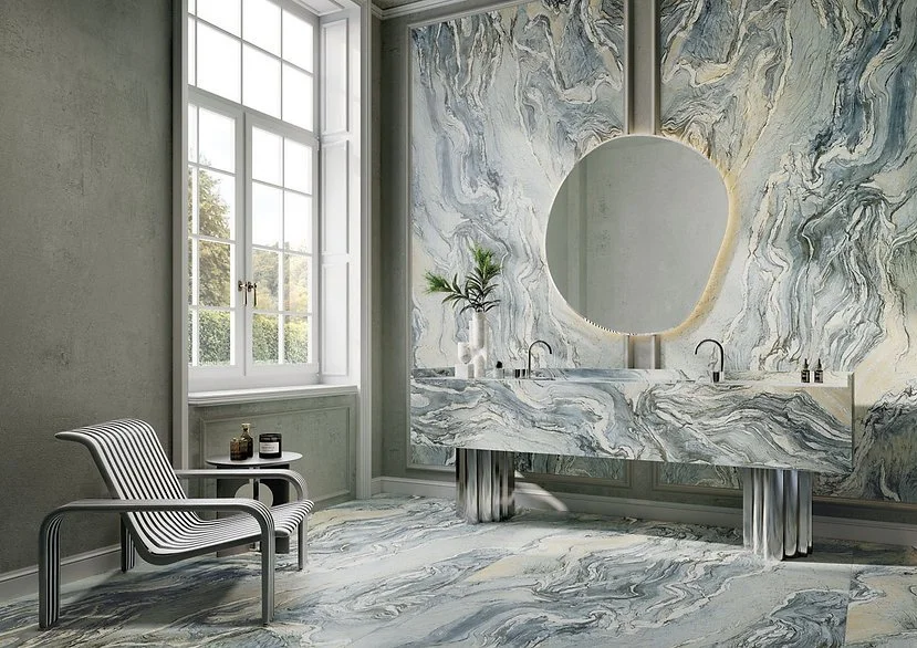 Bathroom vanity in Iconic Cipollino porcelain, Cipollino marble-look benchtop with dramatic wavy veining