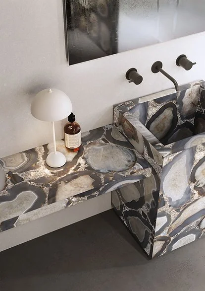 Cammeo porcelain vanity in a bathroom, glam agate-look surface with grey and blue tones