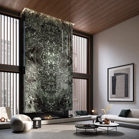 Verde France porcelain feature wall, green marble-look surface with dramatic veining for a refined interior statement