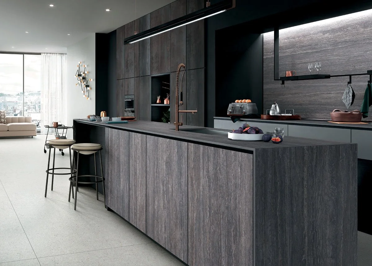 Modern kitchen in Travertino Grey porcelain, matte travertine-look benchtops and cabinetry cladding