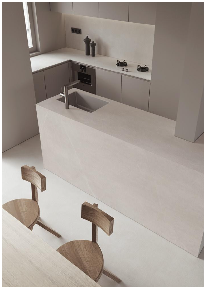 SG Signature Porcelain Polar Beige porcelain waterfall island benchtop in modern kitchen, structured finish