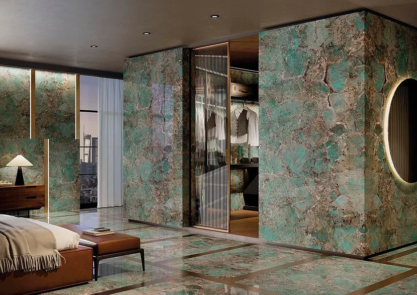 Bedroom interior with Santos porcelain wall and floor, polished green onyx-look finish