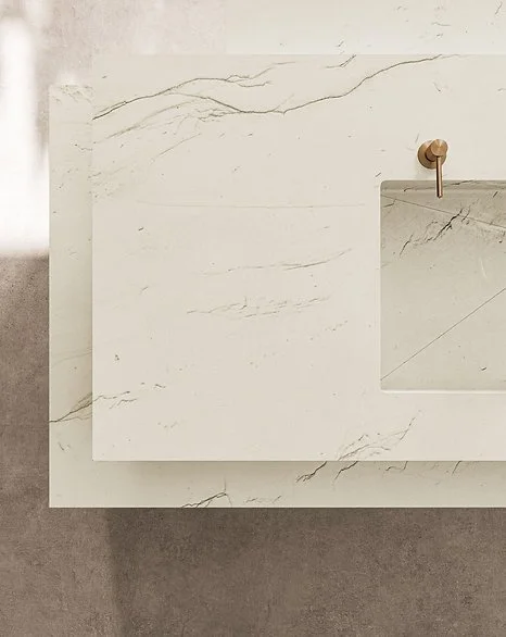 Bathroom vanity in Calacatta Brasile porcelain, satin marble-look surface with golden veining