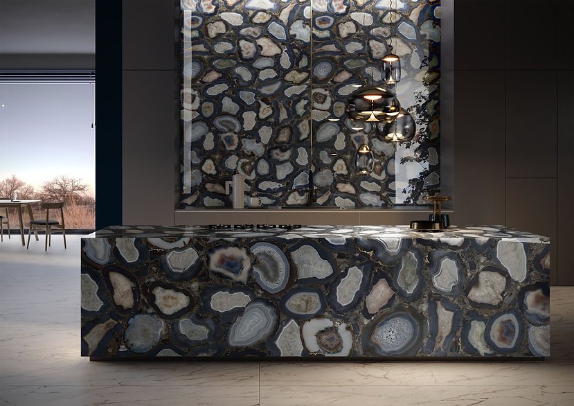 Cammeo porcelain bathroom vanity and splashback, glam agate-look surface with grey and blue pattern