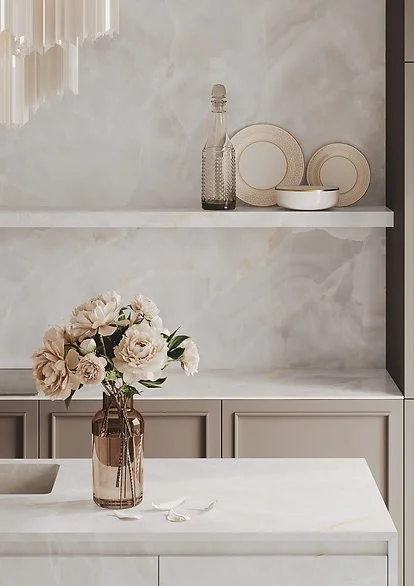 Onyx Pearl porcelain wall shelf detail, polished white onyx-look surface