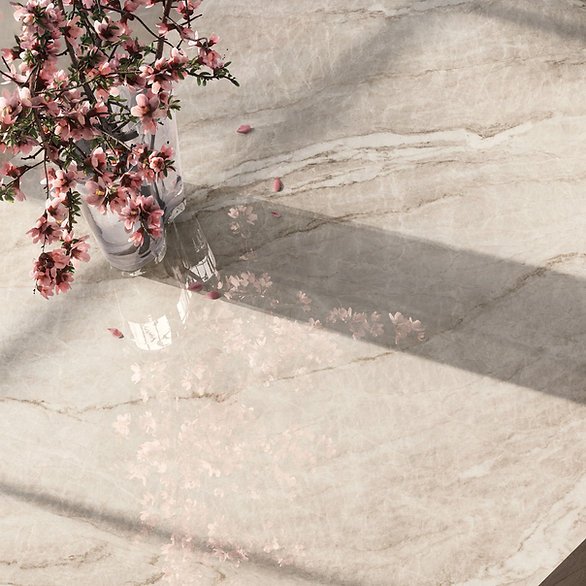 Close-up of Taj Mahal porcelain surface, satin champagne marble-look with soft golden movement