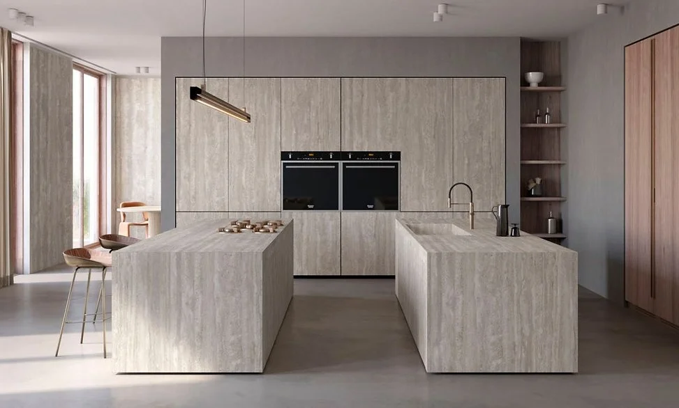 Kitchen interior with Travertino Chiaro porcelain benchtops and island cladding, light travertine-look finish