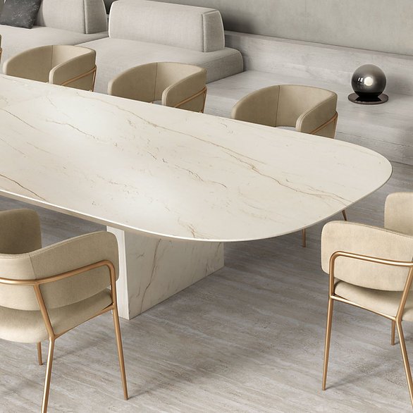 Calacatta Brasile porcelain dining table, satin marble-look surface with golden veining