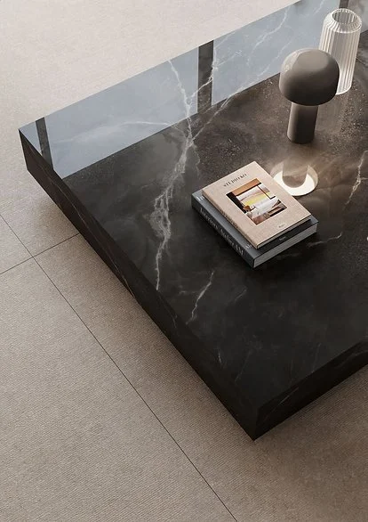 Andromeda porcelain benchtop detail, polished black onyx-look surface with pale veining