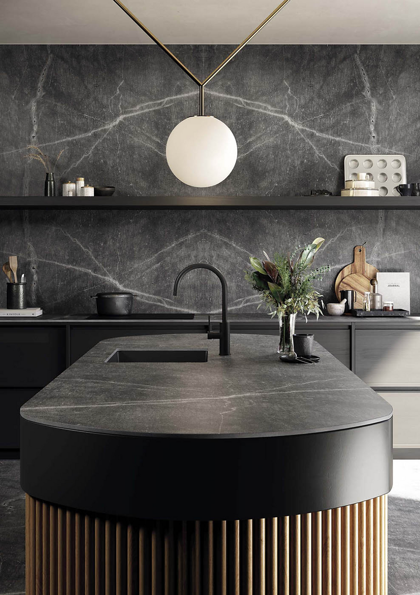 Modern kitchen with Atlantis Grey porcelain splashback and benchtop, matte smoky grey stone-look finish