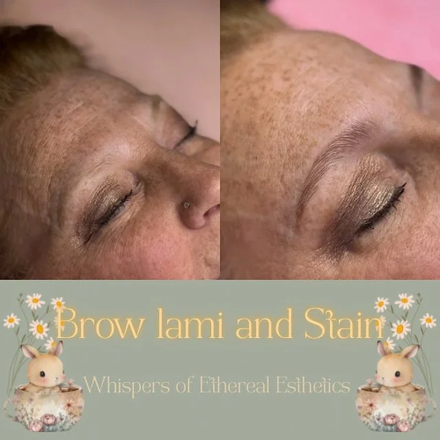 Side-by-side comparison of a woman's face showing before and after eyebrow lamination and staining. The bottom part features a decorative banner with cartoon bunnies and flowers, with text that reads 'Brow Lami and Stain - Whispers of Ethereal Esthetics.'