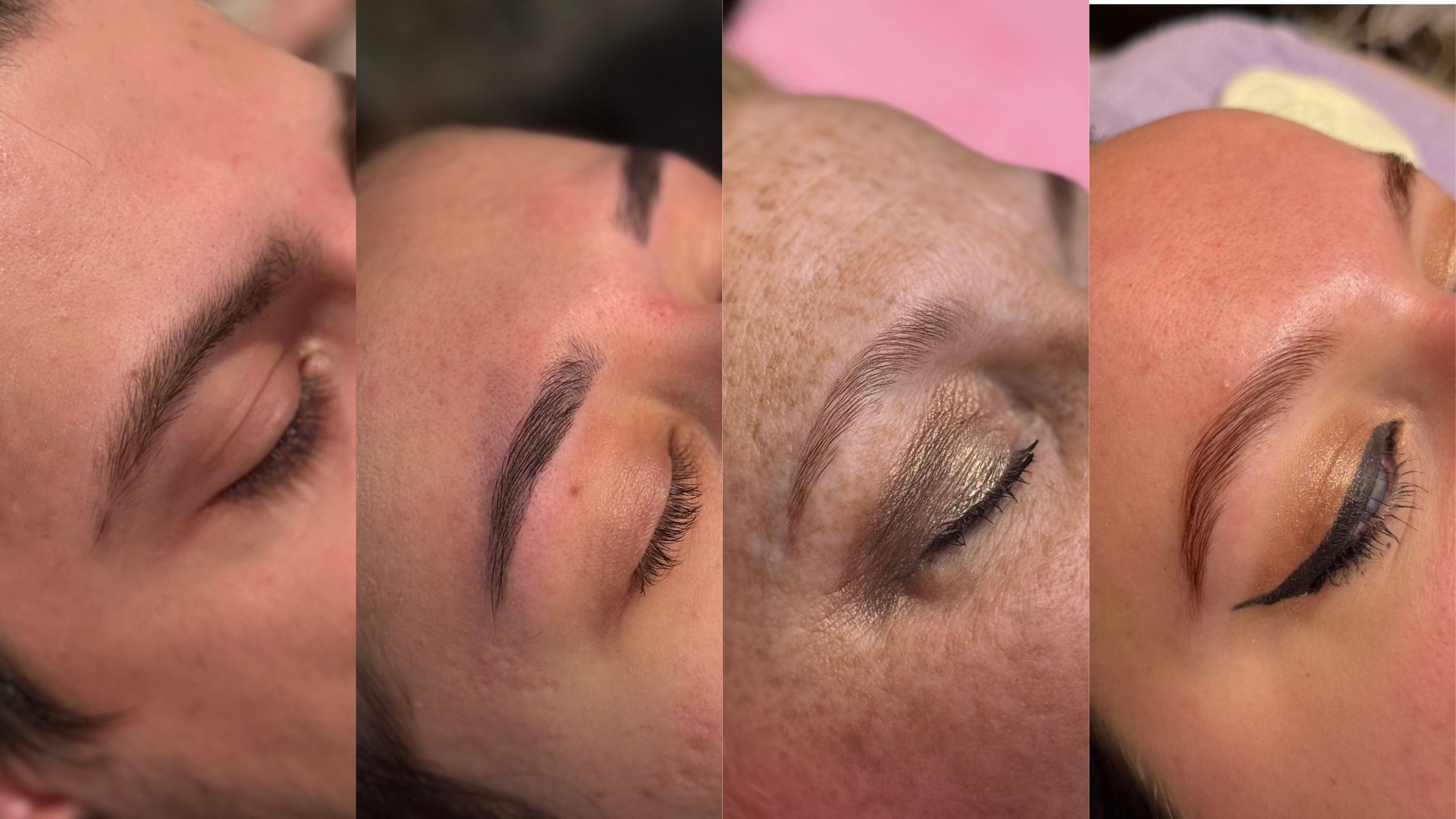 Close-up of four different women's eyes with various makeup styles, including eyebrows, eyeshadow, and eyeliner.