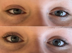 Close-up of a person's eyes before and after makeup application, showing transformed eyelids and enhanced eyelashes.