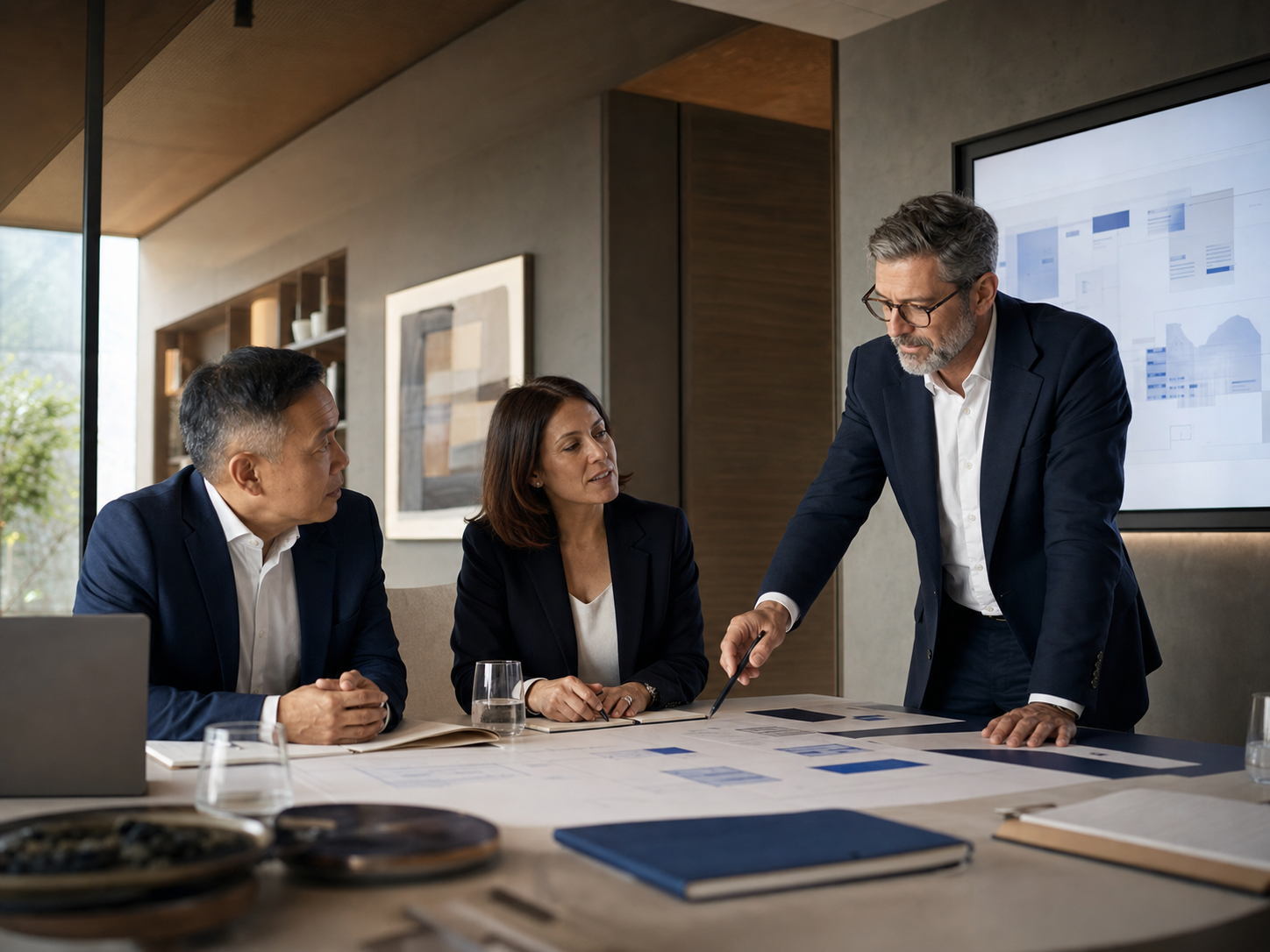 Senior business leaders reviewing an AI transformation roadmap in a modern strategy session.