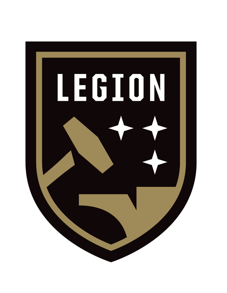 Military-style badge with the word 'LEGION' at the top, a hammer and three stars below.