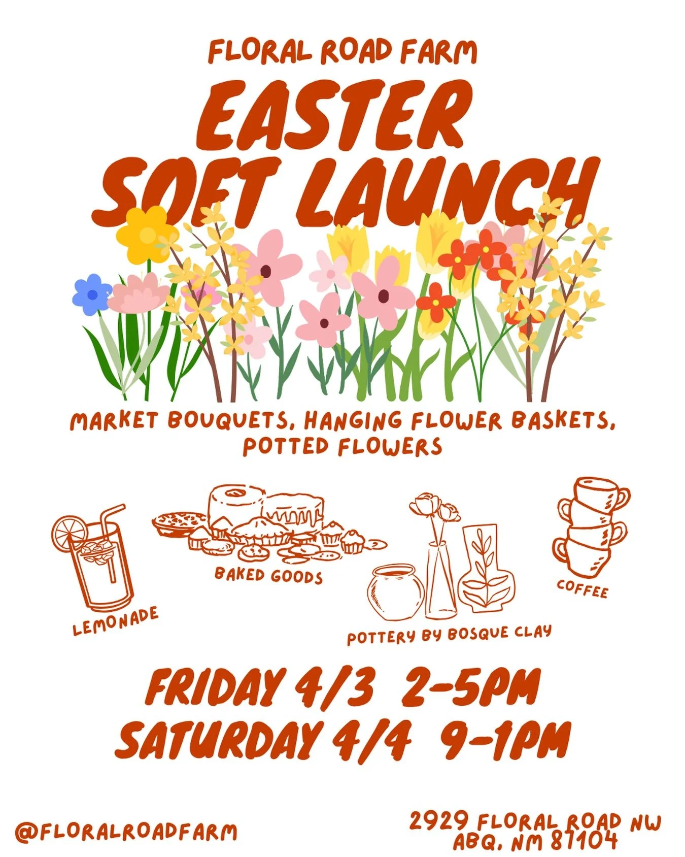 Come join us this weekend at Floral Road Farm to celebrate our soft launch! We'll have floral arrangements, artisanal pottery by @bosqueclay and much more! 🏡📍👩&zwj;🌾 🌸