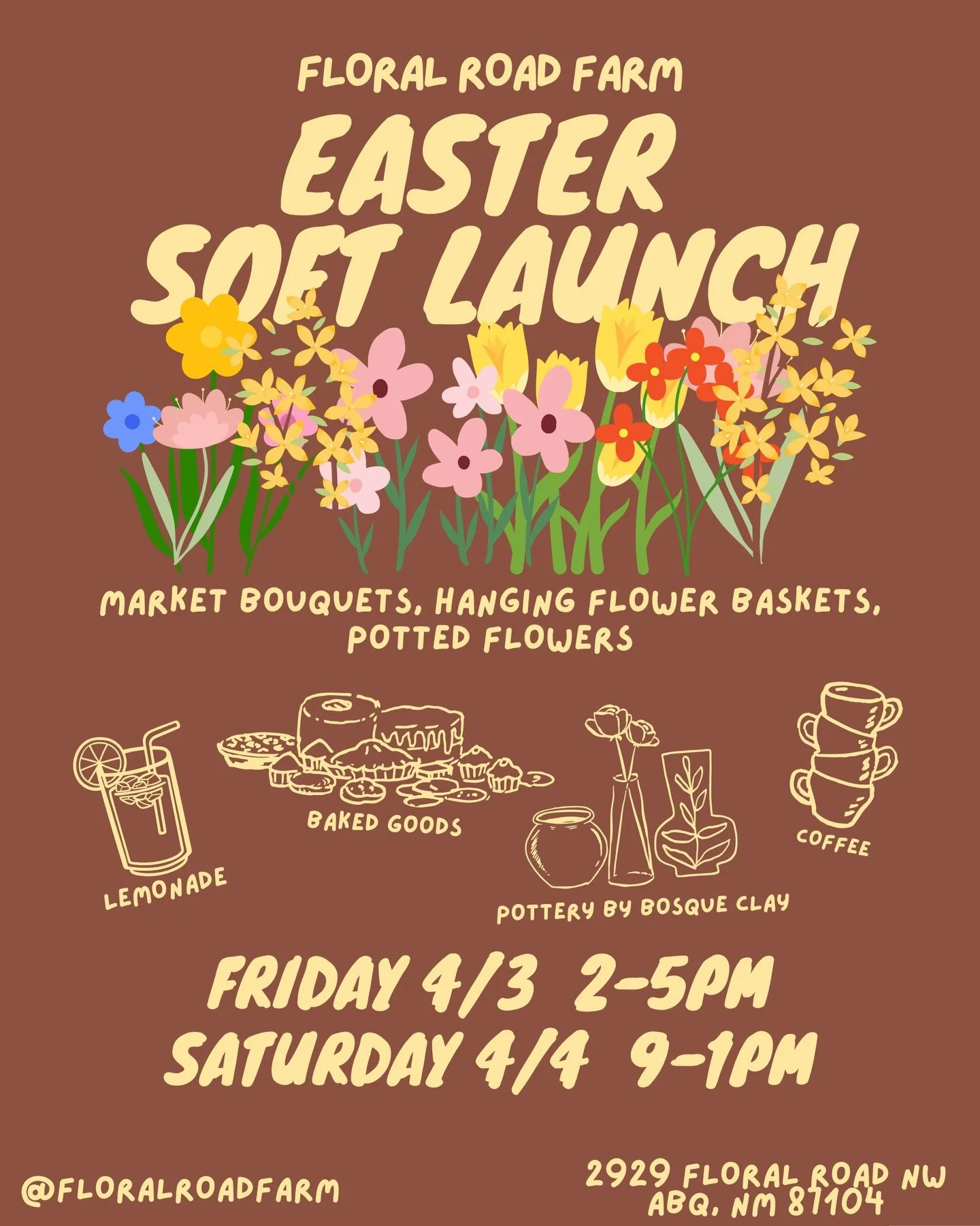 Come join us today (Friday, 4/3) from 2-5PM and tomorrow (Saturday, 4/4) from 9-1PM at Floral Road Farm to celebrate our soft launch! We'll have floral arrangements, artisanal pottery by @bosqueclay and much more👩&zwj;🌾🌸

🏡📍2929 Floral Road NW, 