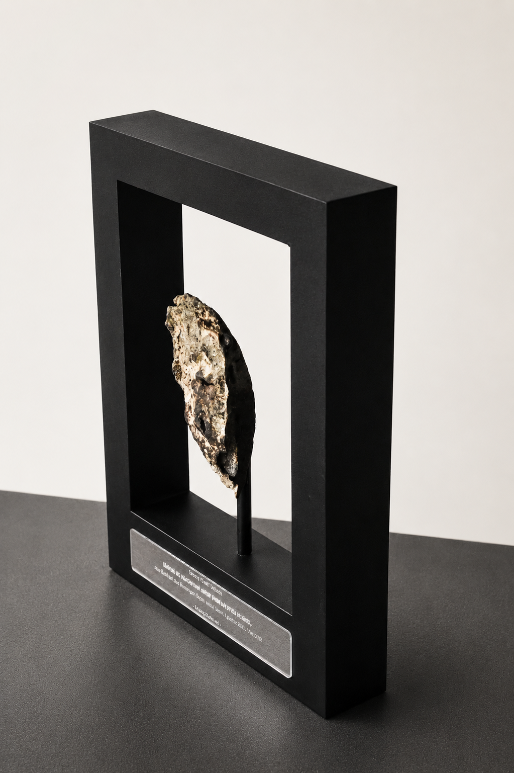 A display of a rock specimen mounted on a stand inside a black rectangular frame, likely at a museum or scientific exhibit, with a caption underneath.