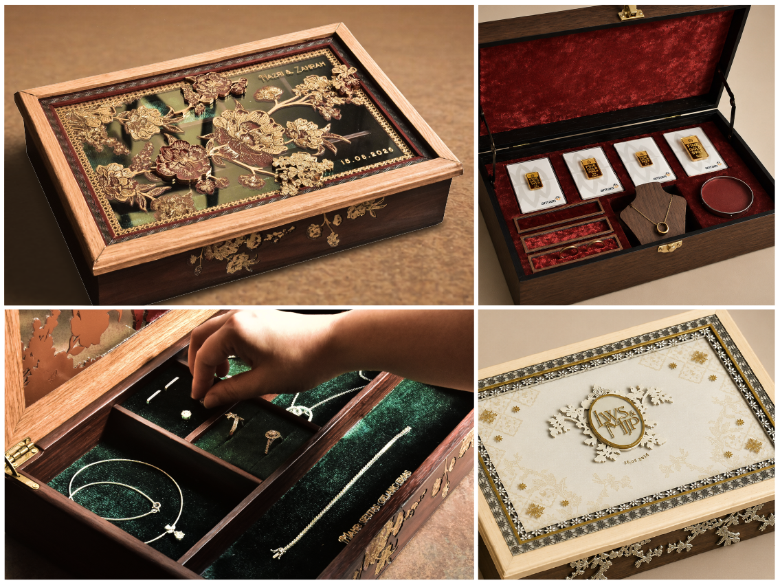 Decorative jewelry boxes with intricate designs, containing jewelry and gift items, some with jewelry items inside, and decorative lids with floral and seasonal motifs.