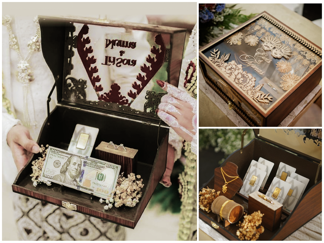 Three images of jewelry boxes, each containing jewelry, money, and decorative items, set on tables, with an emphasis on gold jewelry, flowers, and wedding or engagement themes.