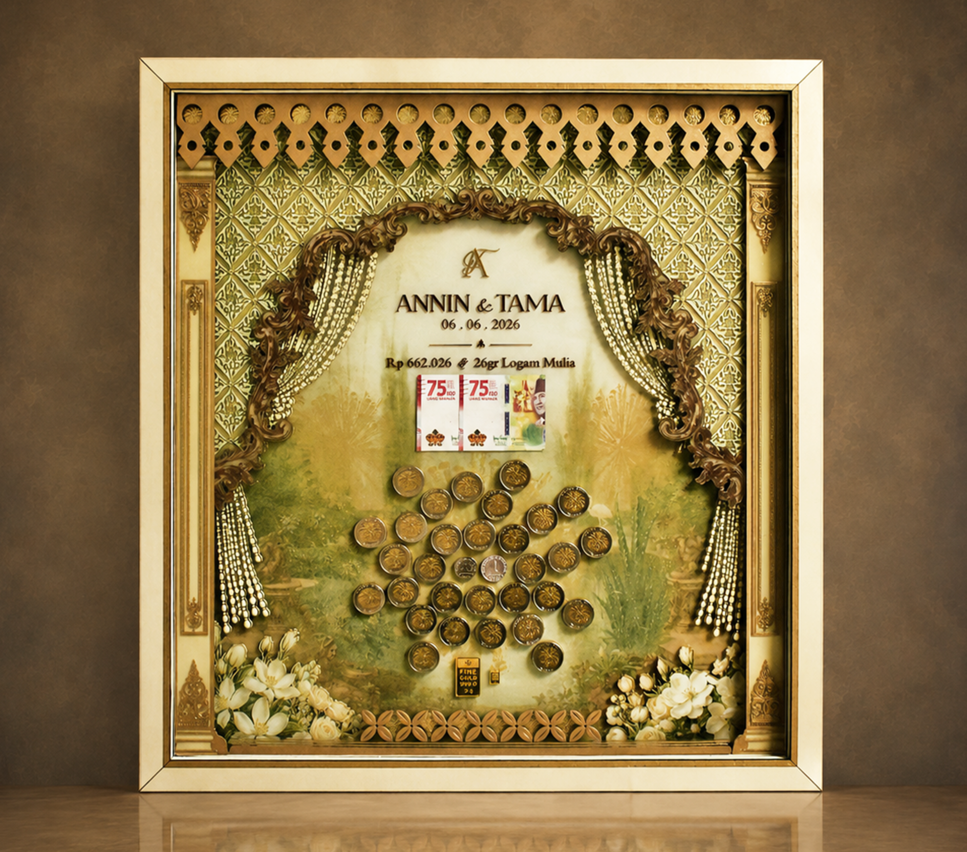 Decorative frame with gold and floral details, surrounding a display of currency notes, coins, and floral embellishments.