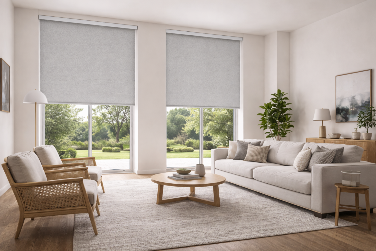 Bright living room with large windows, white sofa, two armchairs, round wooden coffee table, indoor plants, and outdoor greenery visible through the windows.