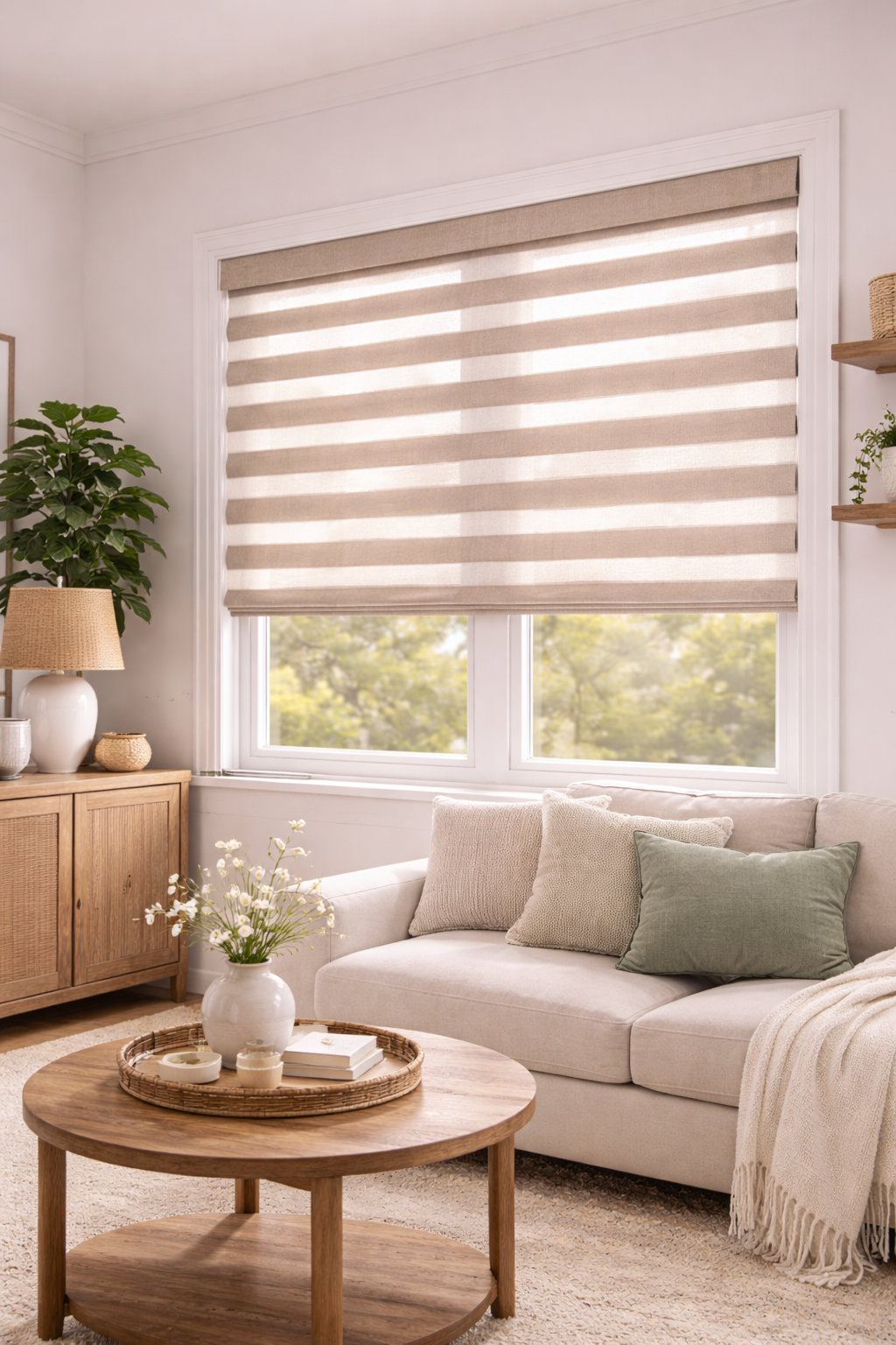 Living room with a large window covered by beige and white striped shades, a beige sofa with pillows, a round wooden coffee table with a vase of flowers, and a wooden sideboard with lamps and decor.