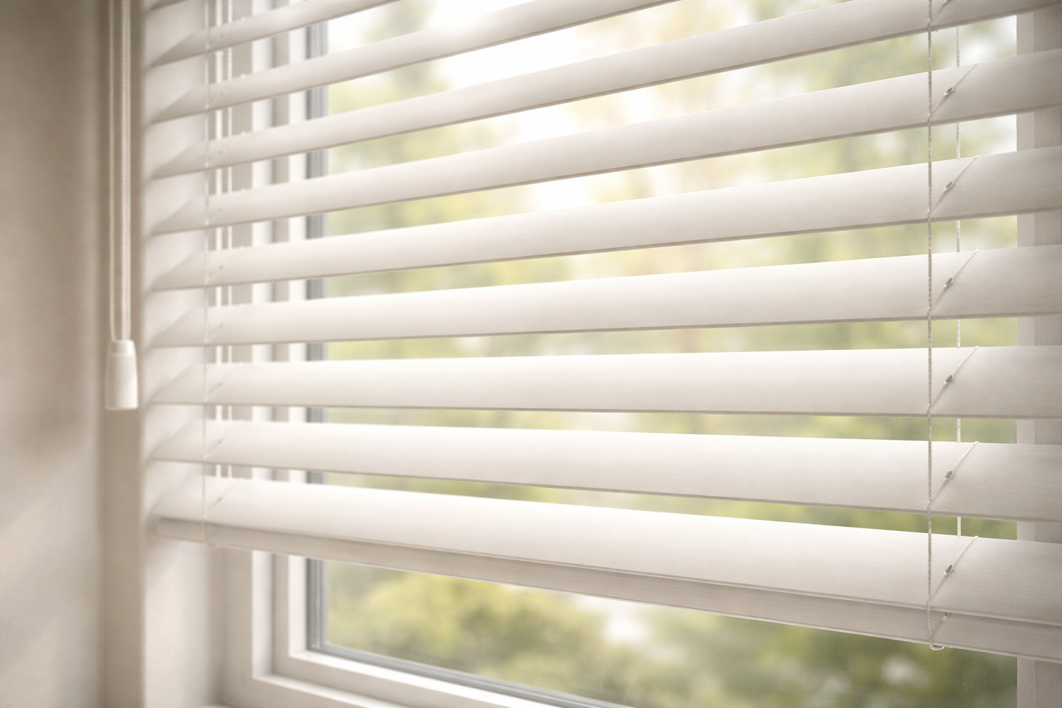 Close-up of white window blinds partially open, with sunlight filtering through, outside view of trees and sky.