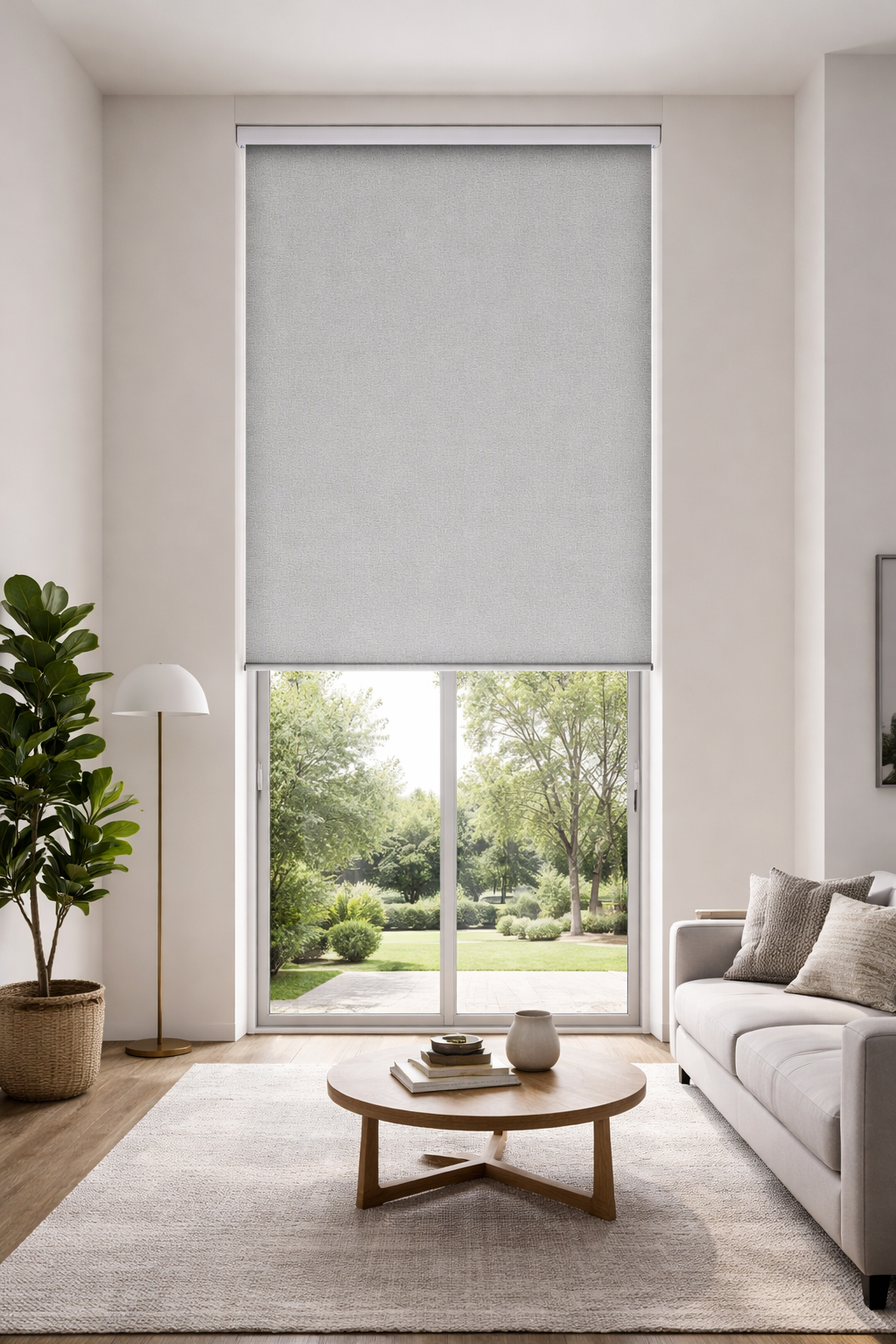 Living room with large glass sliding door, white sofa, round wooden coffee table, standing lamp, potted plant, and shades on the windows overlooking greenery.