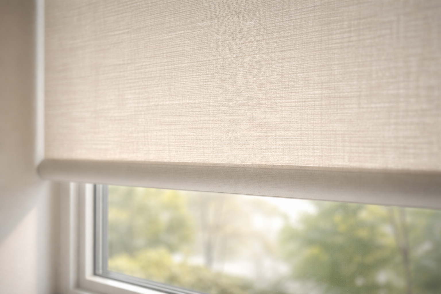 Close-up of a beige textured roller blind partially rolled down over a window, with a blurred outdoor scene visible through the glass.