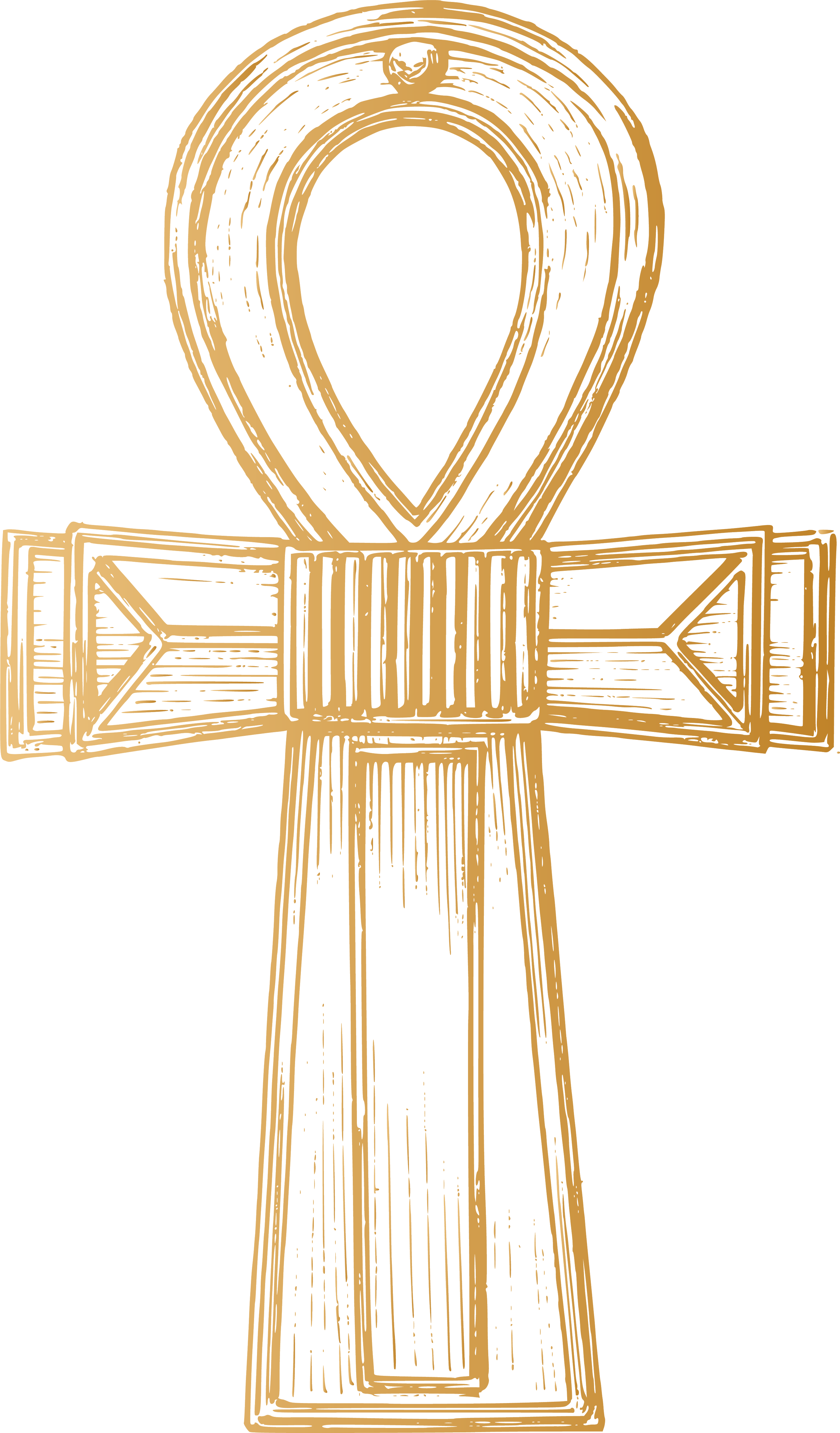 A simple illustration of an ankh, an Egyptian symbol of life, in a gold color with a cross-like shape and a loop at the top.