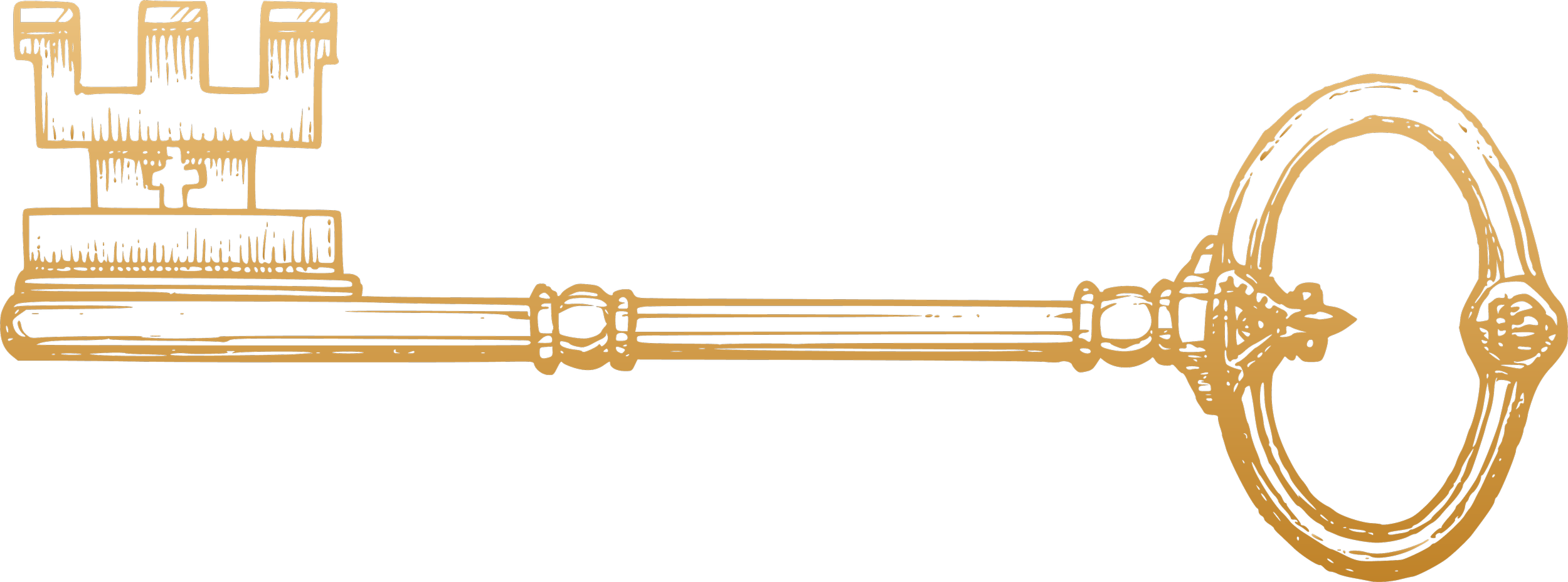 A golden outline of a key with a complex, rectangular bit and a rounded bow.