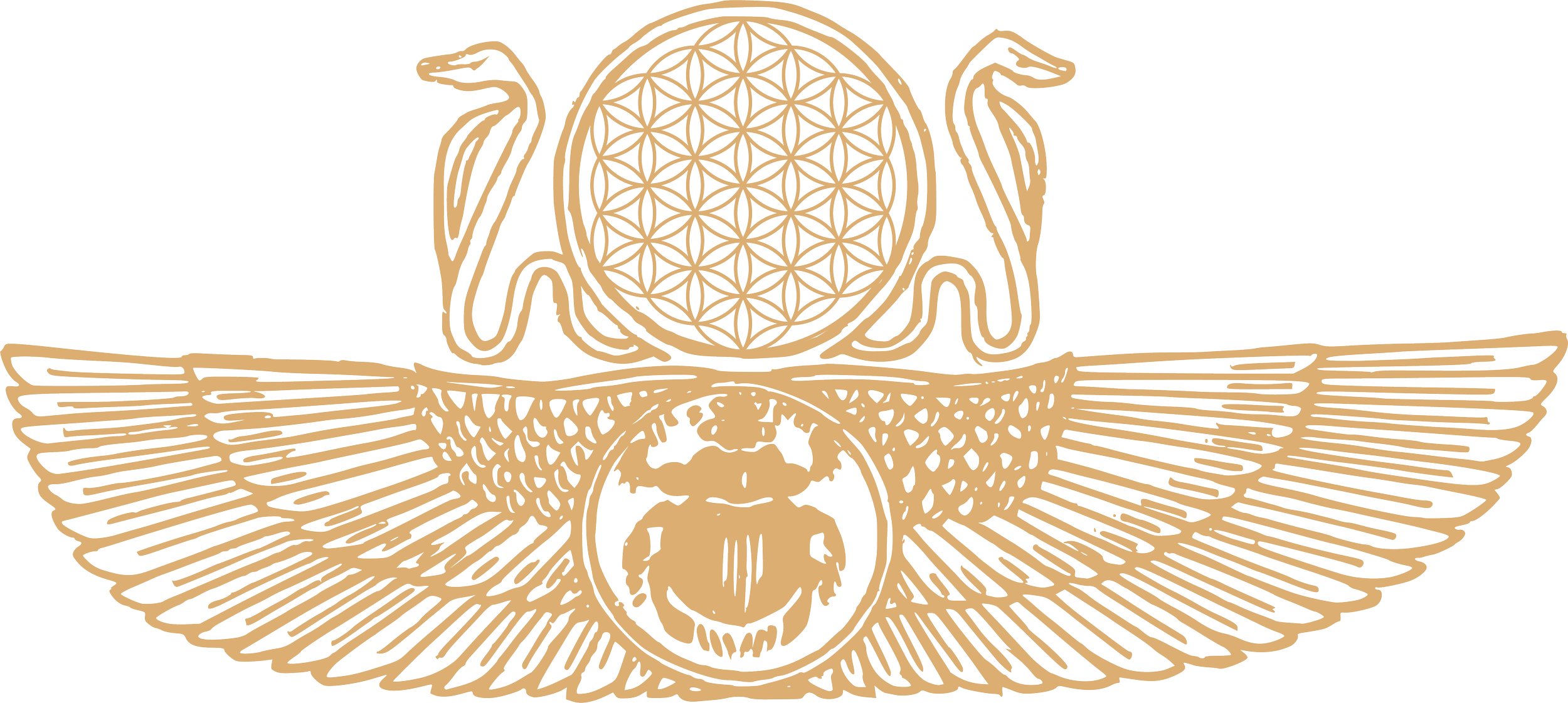 A stylized, symmetrical illustration featuring a central bee, wings extended, with a circular geometric pattern above and two serpents entwined around the circle.