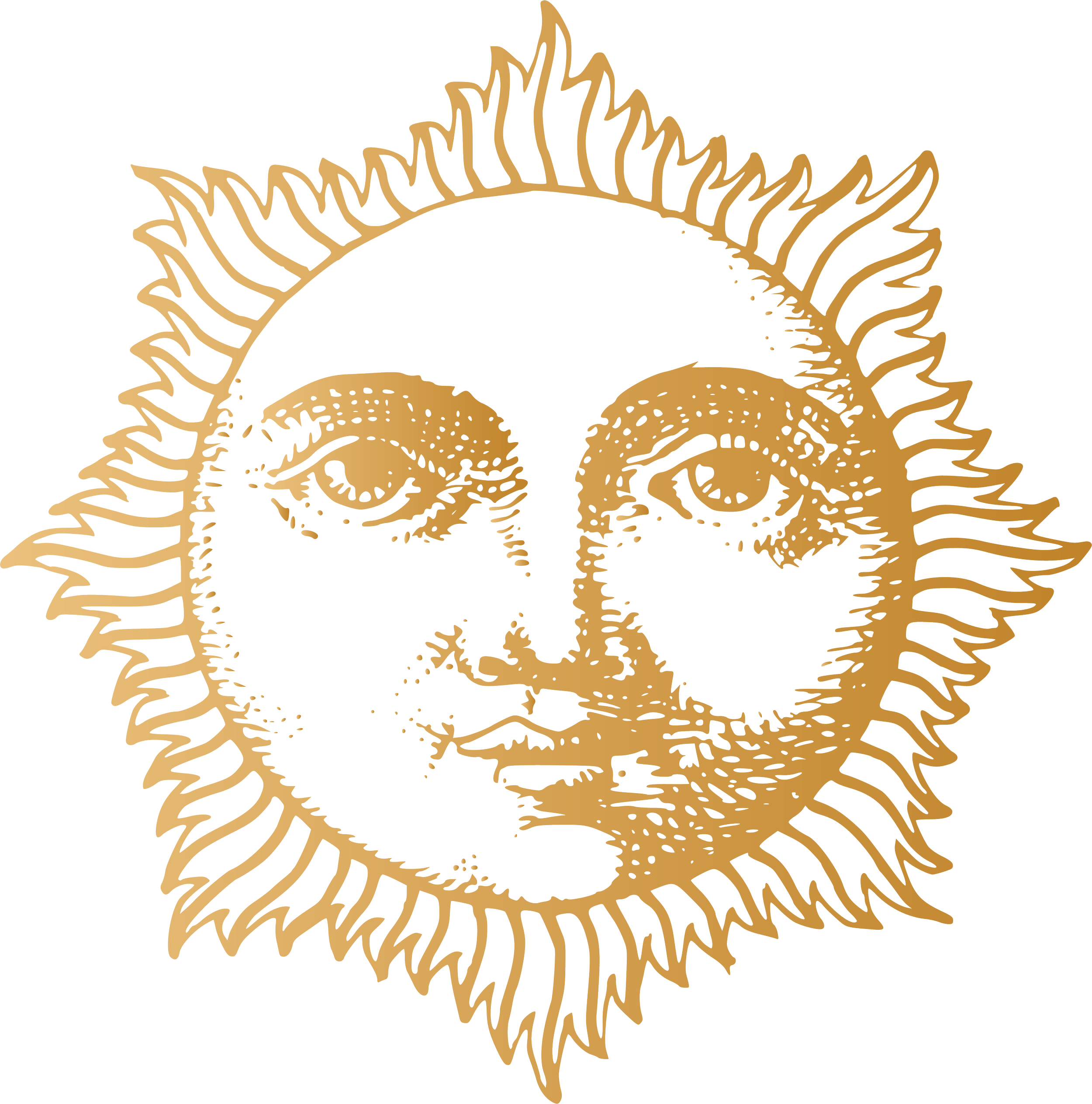 Graphic of a sun with a face, featuring prominent eyes, nose, and lips, surrounded by radiating sun rays, rendered in tan and white.