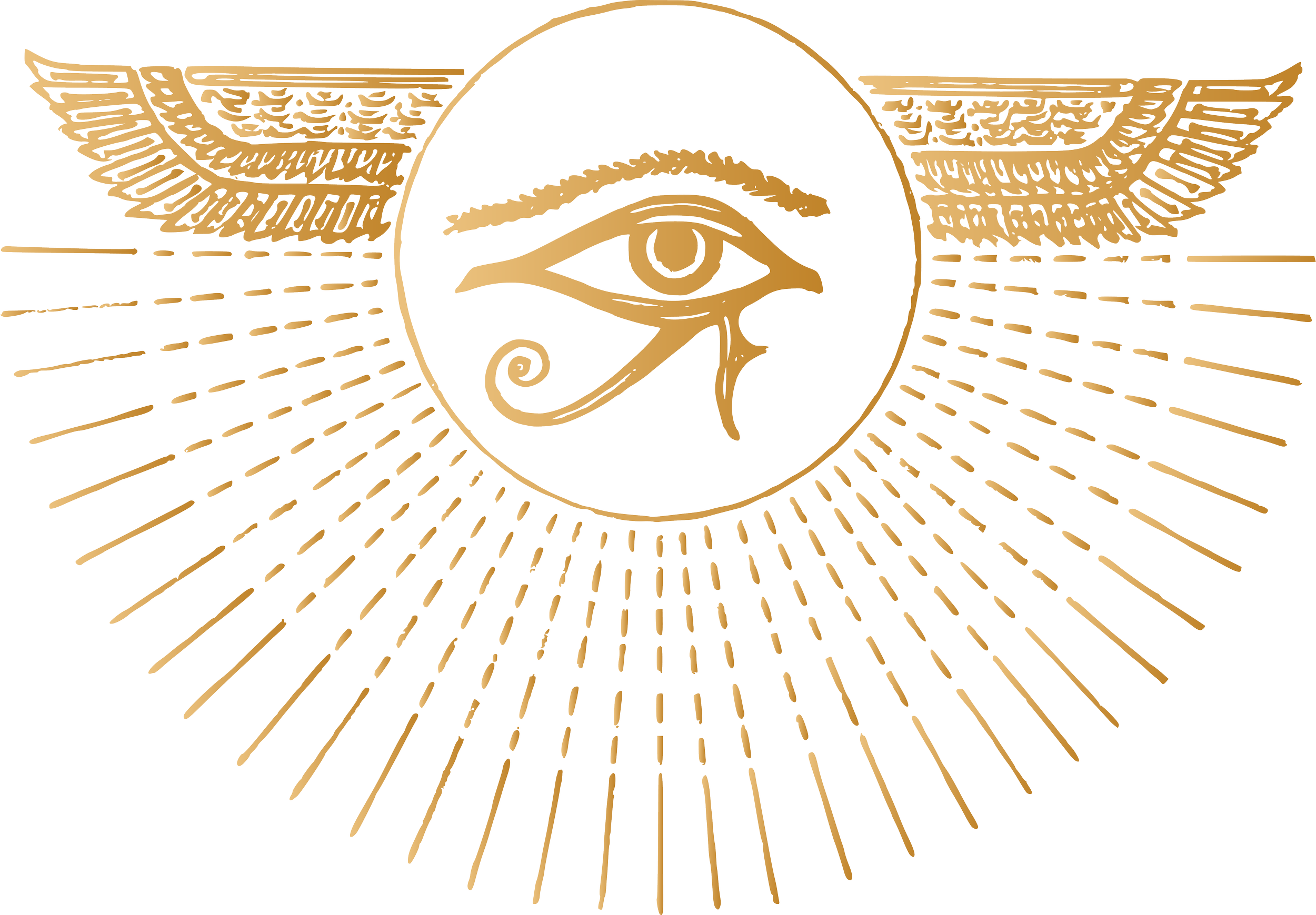 Illustration of the Eye of Horus with golden wings and rays radiating outward.
