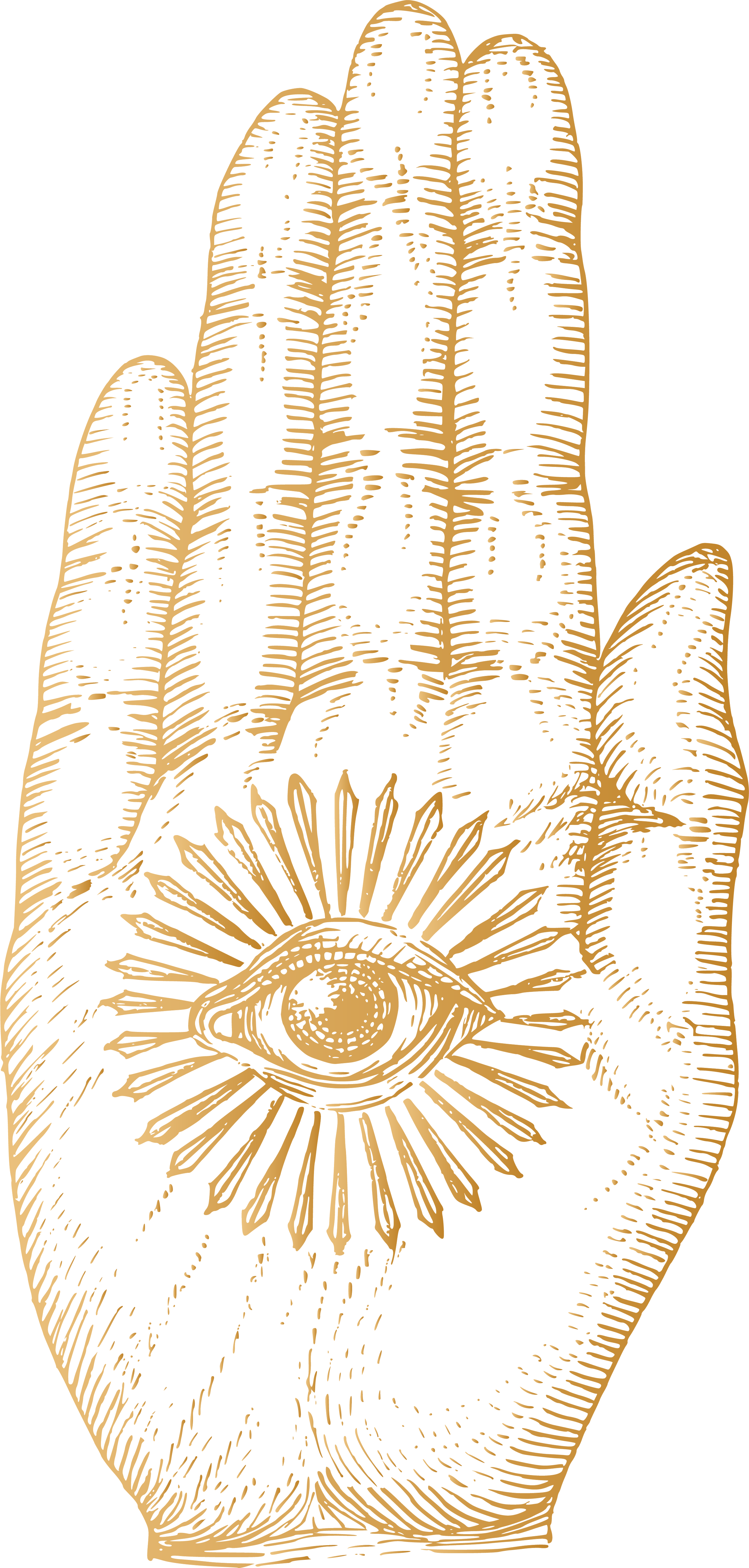 A stylized illustration of a hand with an eye in the palm, surrounded by sun rays, superimposed on a cityscape.