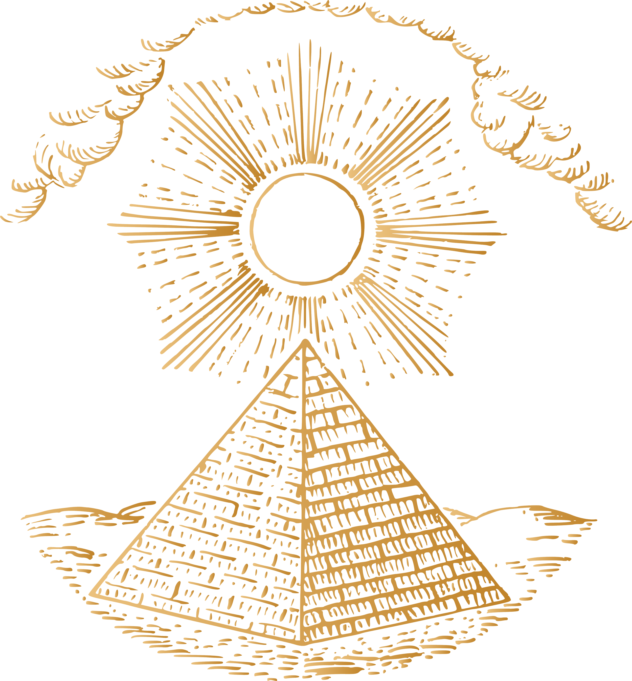 A pyramid with a sun above it. The sun has rays extending outward and is surrounded by clouds. The scene is illustrated with a line art style.