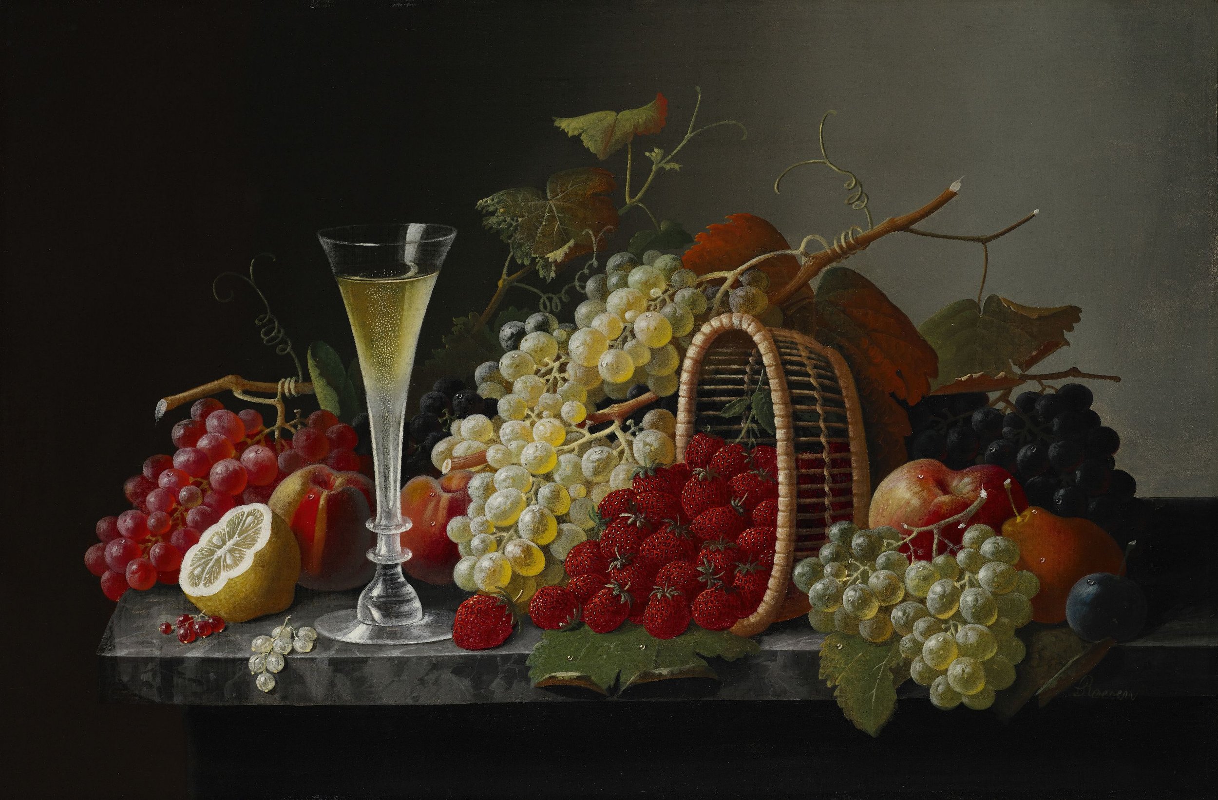 A still life painting of various fruits, a glass of white wine, and a wicker basket on a dark background.